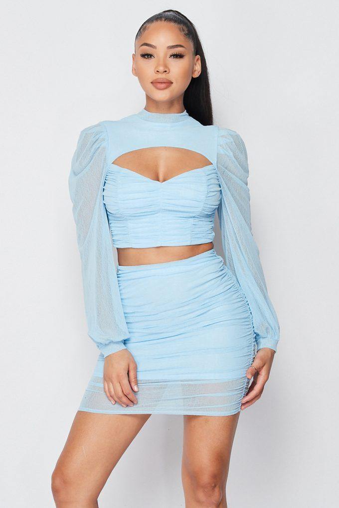 Sexy Sheer Cutout Puff Sleeved Top And Skirt Set - AM APPAREL