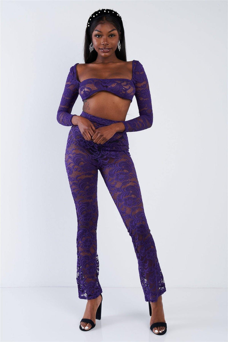 Sheer Floral Lace Crop Square Neck Top & High Waist Flare Pant Set - AM APPAREL