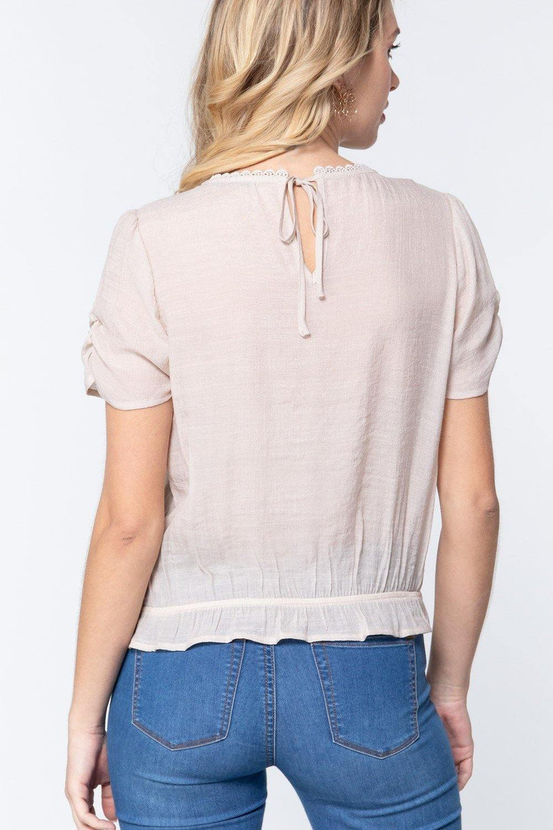 Short Sleeve Pleated Woven Top - AM APPAREL