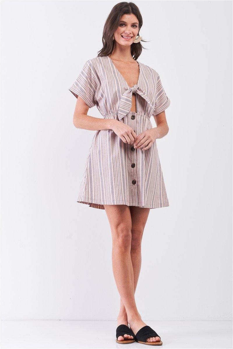 So 90s! Striped Self-tie Front Detail Short Sleeve Button Down Mini Shirt Dress - AM APPAREL