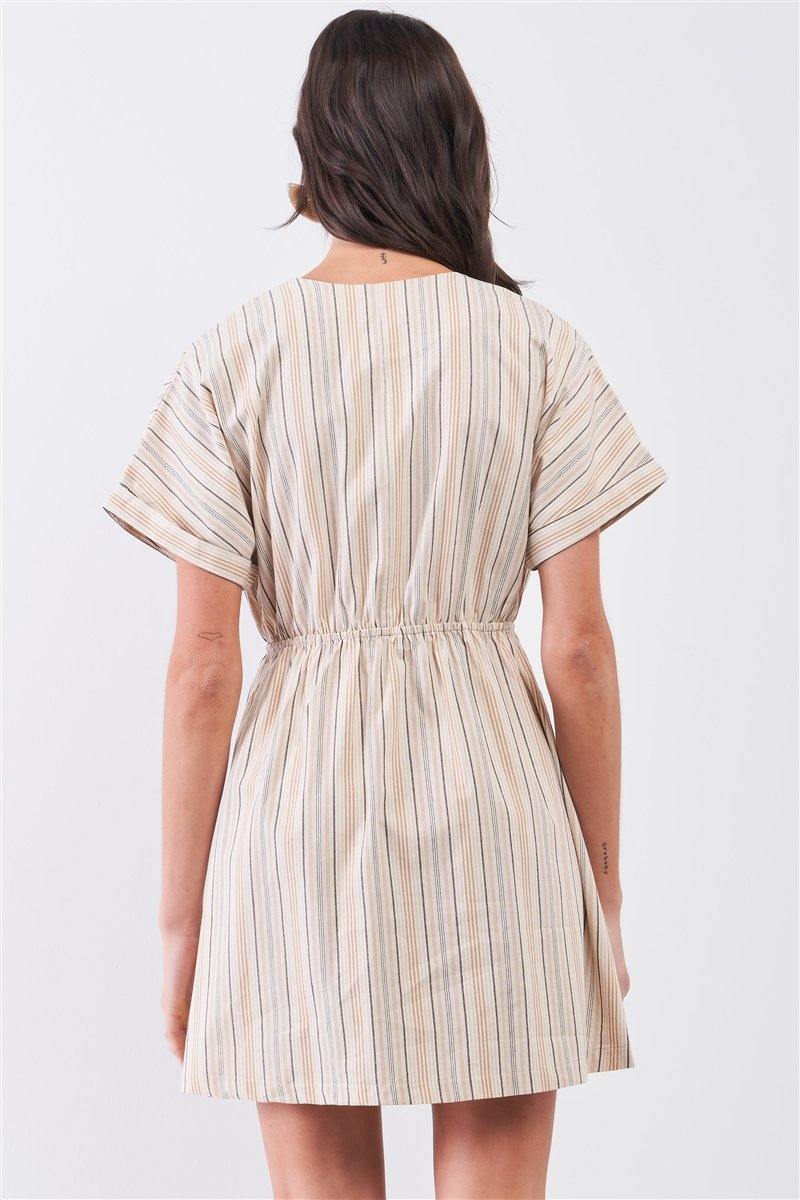 So 90s! Striped Self-tie Front Detail Short Sleeve Button Down Mini Shirt Dress - AM APPAREL