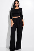Solid 3/4 Sleeve Top And Wide Leg Pleated Pants Two Piece Set - AM APPAREL
