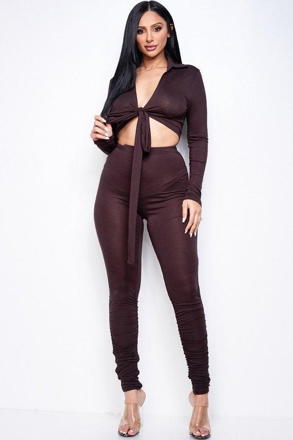 Solid Tie Front Top And Ruched Pants Two Piece Set - AM APPAREL