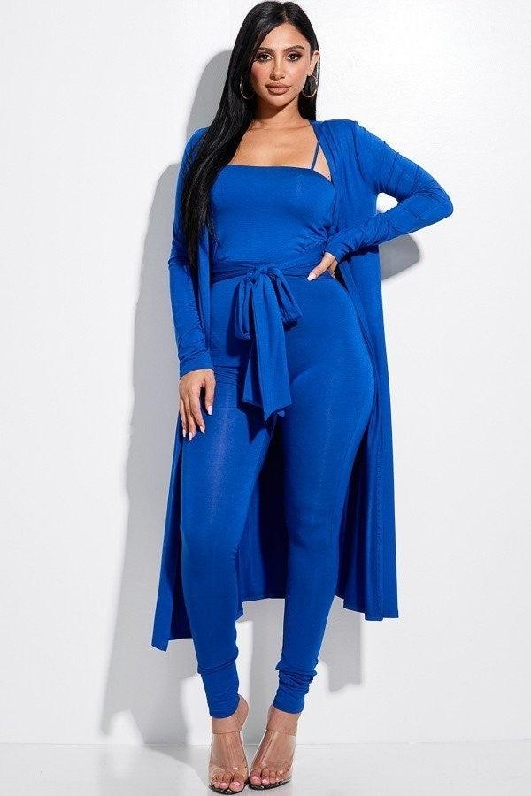 Solid Spaghetti Strap Jumpsuit With Waist Tie And Duster  Set - AM APPAREL