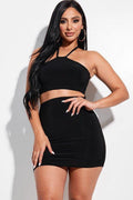 Solid Knit Double Layered Halter Neck Mini Dress With Front Cut Out - AM APPAREL