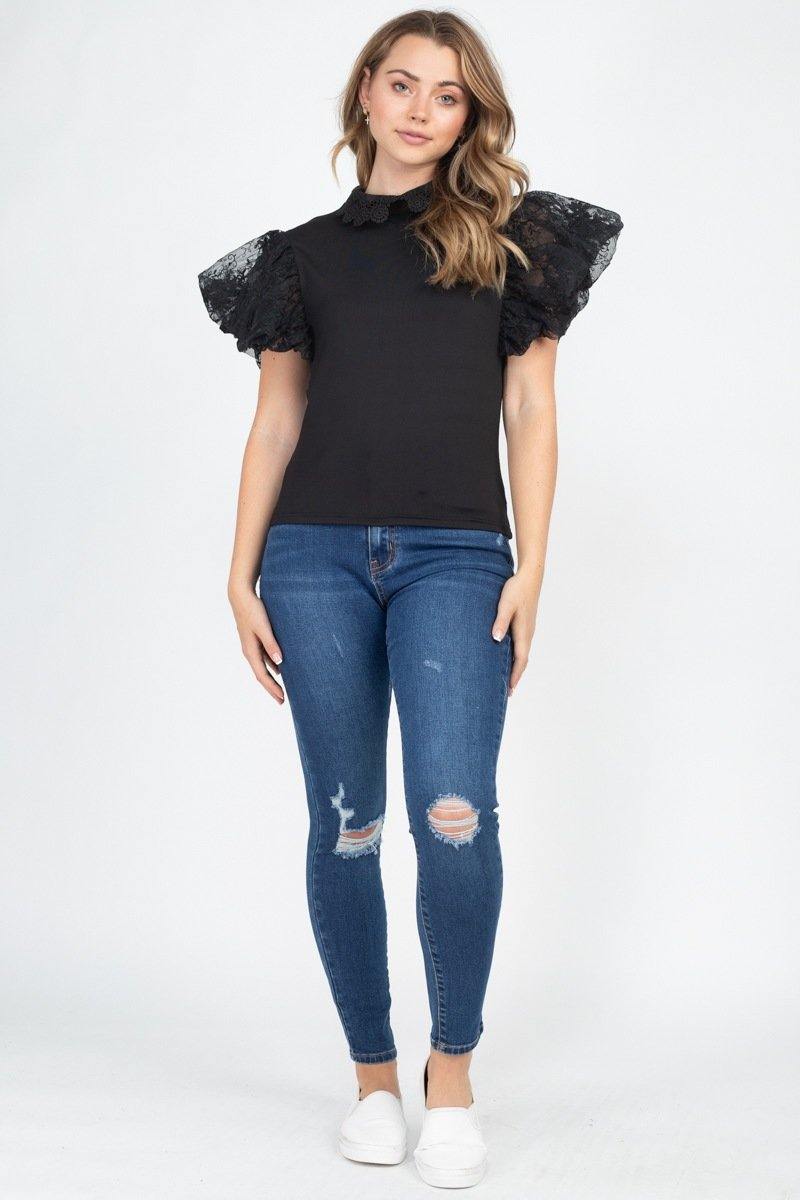 Solid Lace Puff Sleeves Top - AM APPAREL
