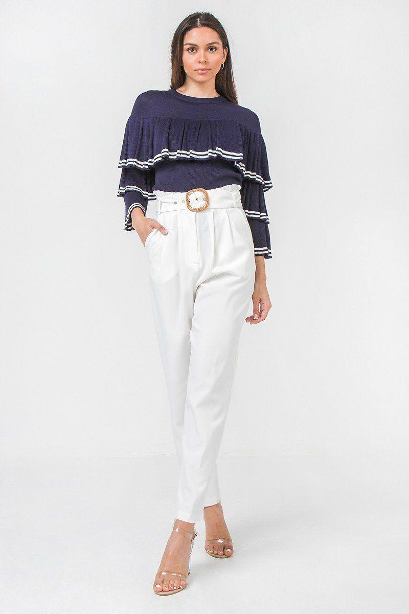 Solid Pant Featuring Paperbag Waist With Rattan Buckle Belt - AM APPAREL