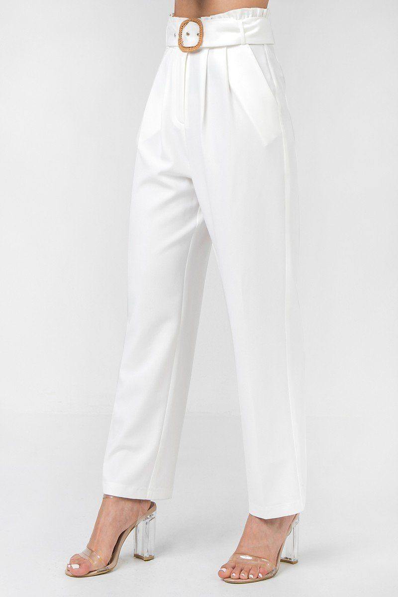 Solid Pant Featuring Paperbag Waist With Rattan Buckle Belt - AM APPAREL