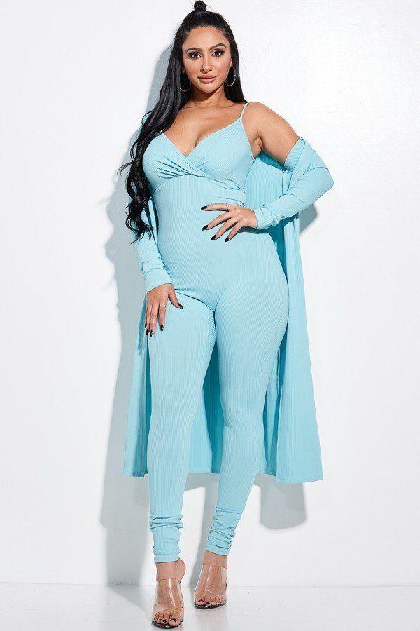 Solid Rib Knit Spaghetti Strap Jumpsuit And Duster Two Piece Set - AM APPAREL