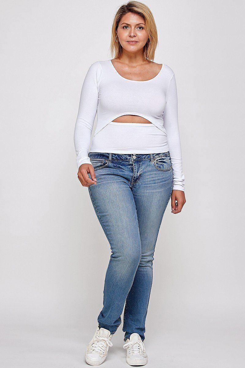 Solid Round Neck Top, With Long Sleeves, And Cut-out Detail - AM APPAREL