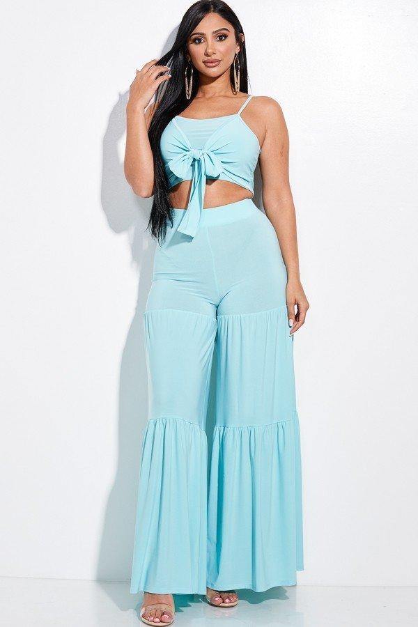 Solid Tank Top And Tiered Wide Leg Pants Two Piece Set - AM APPAREL