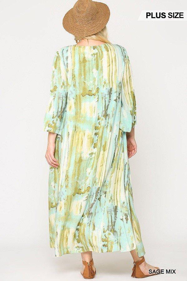 Tie Dye Multi Color Printed Maxi Dress With Lace Up - AM APPAREL