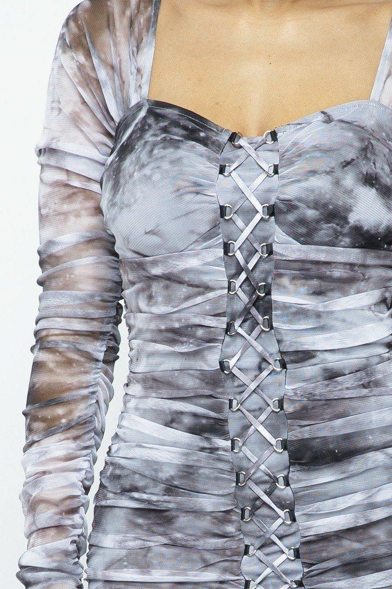 Tie Dyed Mesh Mini Dress W/ Lace Up Details - AM APPAREL