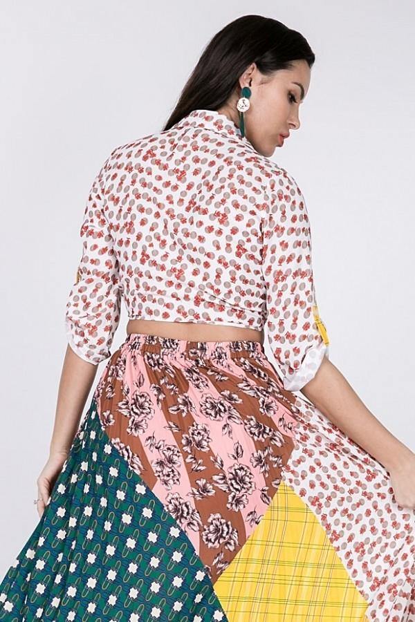 Tied Front Roll Up Sleeve Print Crop Top - AM APPAREL