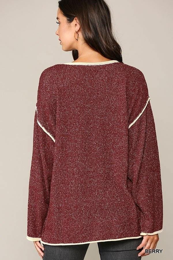Two-tone Sold Round Neck Sweater Top With Piping Detail - AM APPAREL