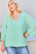V Neck Bubble Sleeve Solid Top - AM APPAREL