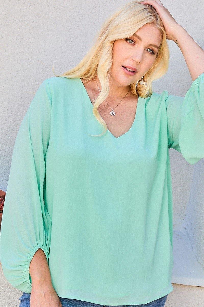 V Neck Bubble Sleeve Solid Top - AM APPAREL