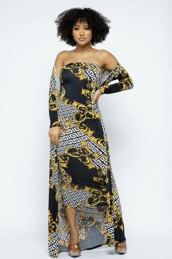 Venechia Print Tube Dress With Cardigan Set - AM APPAREL