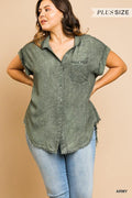 Washed Button Up Short Sleeve Top With Frayed Hemline - AM APPAREL