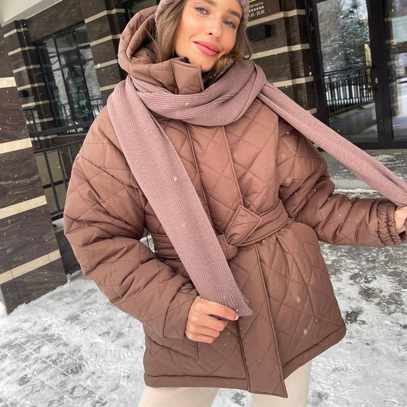 Women's Arygle Hooded Parkas Winter Coat - AM APPAREL