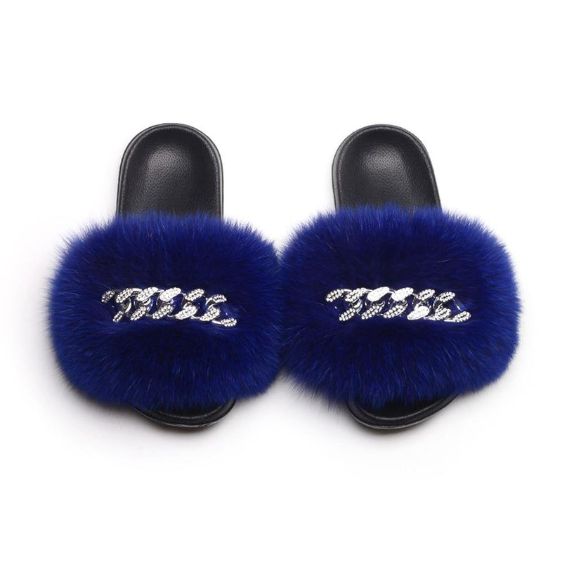 Women's Fluffy Fur Slippers W/ Chain Detail - AM APPAREL