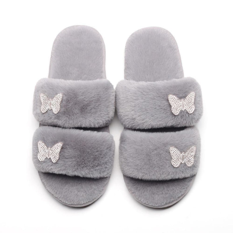 Women's Furr Slippers W/ Rhinestone Butterfly Detail - AM APPAREL