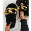 Women's Furry Slides W/ Gold Chain Detail - AM APPAREL