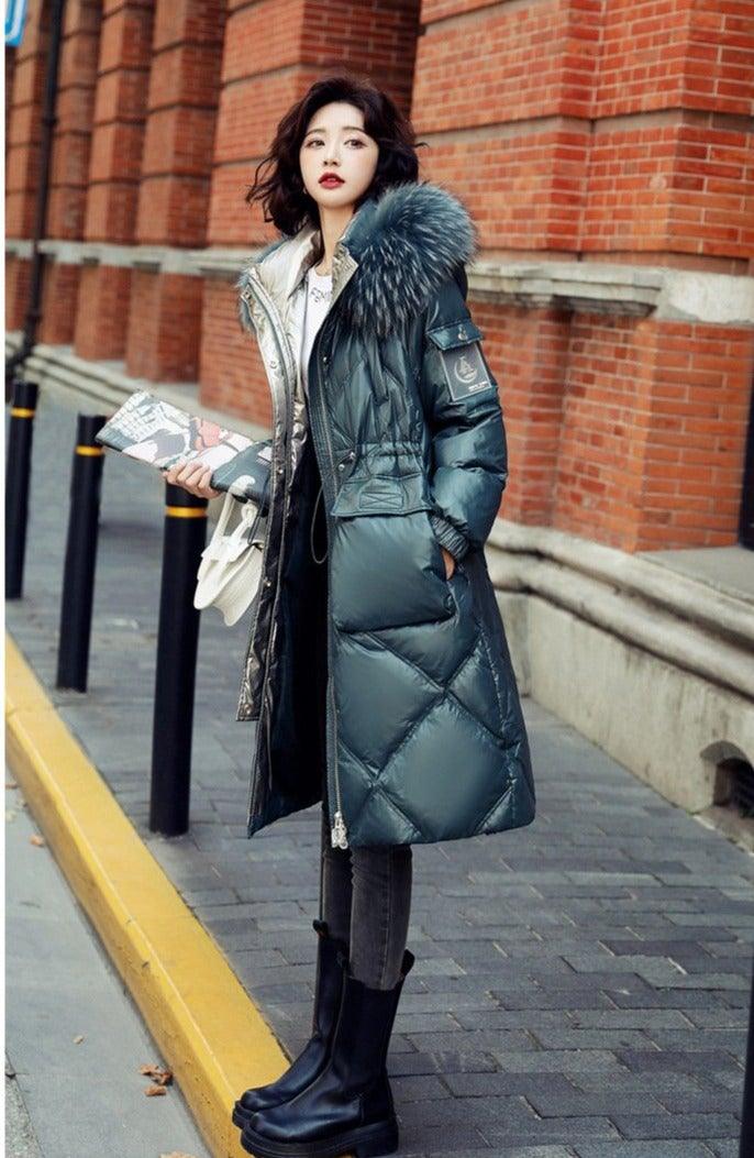 Women's Winter Fur Collar Warm Long Coat - AM APPAREL