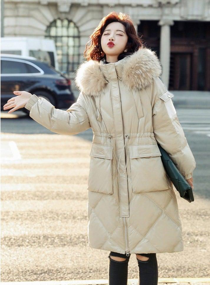 Women's Winter Fur Collar Warm Long Coat - AM APPAREL